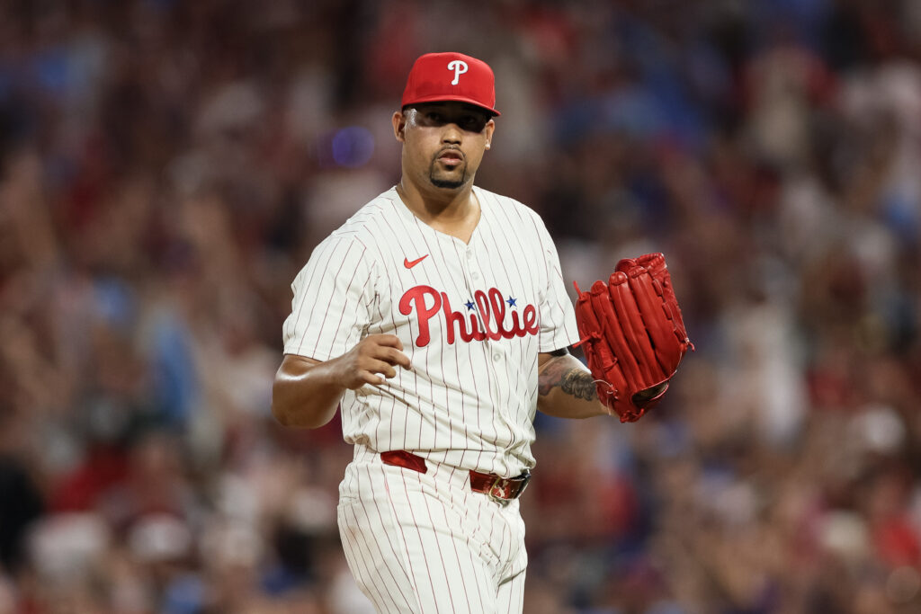 PHILADELPHIA, PENNSYLVANIA - AUGUST 03: Jhoan Duran #59 of the Philadelphia Phillies reacts after a strikeout to close the game against the Detroit Tigers at Citizens Bank Park on August 03, 2025 in Philadelphia, Pennsylvania. The Phillies won 2-0. (Photo by Caean Couto/Getty Images)