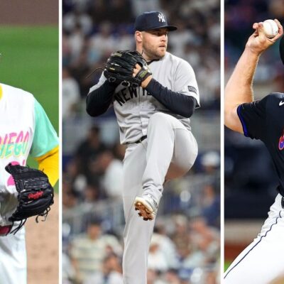 Left: Mason Miller of the San Diego Padres at Petco Park on August 01, 2025. (Photo by Orlando Ramirez/Getty Images) Middle: David Bednar of the New York Yankees at loanDepot park on Friday, August 1, 2025. (Photo by Lucas Casel/MLB Photos via Getty Images) Right: Ryan Helsley of the New York Mets at Citi Field on Friday, August 1, 2025. (Photo by Phebe Grosser/MLB Photos via Getty Images)