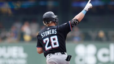 MILWAUKEE, WISCONSIN - JULY 25: Kyle Stowers #28 of the Miami Marlins rounds first base after hitting a solo home run in the third inning amb at American Family Field on July 25, 2025 in Milwaukee, Wisconsin. (Photo by John Fisher/Getty Images)