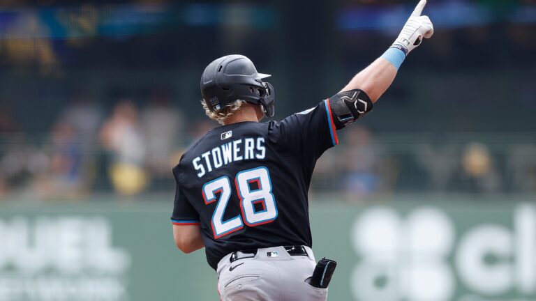 MILWAUKEE, WISCONSIN - JULY 25: Kyle Stowers #28 of the Miami Marlins rounds first base after hitting a solo home run in the third inning amb at American Family Field on July 25, 2025 in Milwaukee, Wisconsin. (Photo by John Fisher/Getty Images)
