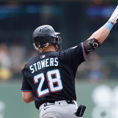 MILWAUKEE, WISCONSIN - JULY 25: Kyle Stowers #28 of the Miami Marlins rounds first base after hitting a solo home run in the third inning amb at American Family Field on July 25, 2025 in Milwaukee, Wisconsin. (Photo by John Fisher/Getty Images)