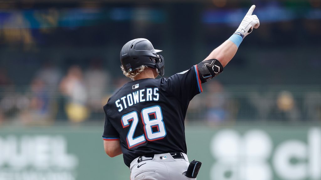 MILWAUKEE, WISCONSIN - JULY 25: Kyle Stowers #28 of the Miami Marlins rounds first base after hitting a solo home run in the third inning amb at American Family Field on July 25, 2025 in Milwaukee, Wisconsin. (Photo by John Fisher/Getty Images)