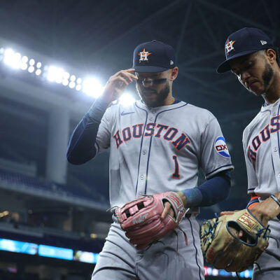 MIAMI, FL - AUGUST 05: Houston Astros shortstop Carlos Correa (1) and Houston Astros shortstop Jeremy Peña (3) enter the dugout in between innings during the game between the Houston Astros and the Miami Marlins on Tuesday, August 5, 2025 at loanDepot park in Miami, FL. (Photo by Peter Joneleit/Icon Sportswire via Getty Images)