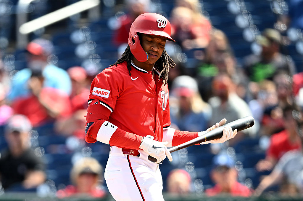 WASHINGTON, DC - AUGUST 31: CJ Abrams #5 of the Washington Nationals reacts after striking out in the first inning against the Tampa Bay Rays at Nationals Park on August 31, 2025 in Washington, DC. (Photo by Greg Fiume/Getty Images)