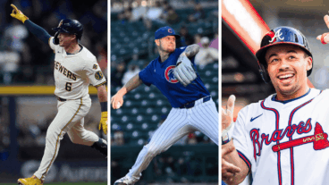 LEFT: Isaac Collins of the Brewers rounds the bases after hitting a three-run home run. (Photo by Patrick McDermott/Getty Images) CENTER: Cade Horton of the Cubs throws a pitch during the first inning of a Spring Breakout game. (Photo by David Durochik/Diamond Images via Getty Images) RIGHT: Drake Baldwin of the Braves celebrates scoring a run. (Photo by Kevin D. Liles/Atlanta Braves/Getty Images)