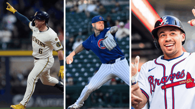 LEFT: Isaac Collins of the Brewers rounds the bases after hitting a three-run home run. (Photo by Patrick McDermott/Getty Images) CENTER: Cade Horton of the Cubs throws a pitch during the first inning of a Spring Breakout game. (Photo by David Durochik/Diamond Images via Getty Images) RIGHT: Drake Baldwin of the Braves celebrates scoring a run. (Photo by Kevin D. Liles/Atlanta Braves/Getty Images)