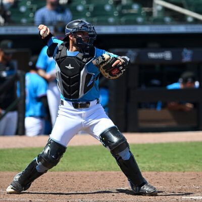 JUPITER, FLORIDA - MARCH 14, 2025: Joe Mack #30 of the Miami Marlins warms up during the seventh inning of a spring training Spring Breakout game against the St. Louis Cardinals at Roger Dean Chevrolet Stadium on March 14, 2025 in Jupiter, Florida. (Photo by Nick Cammett/Diamond Images via Getty Images)
