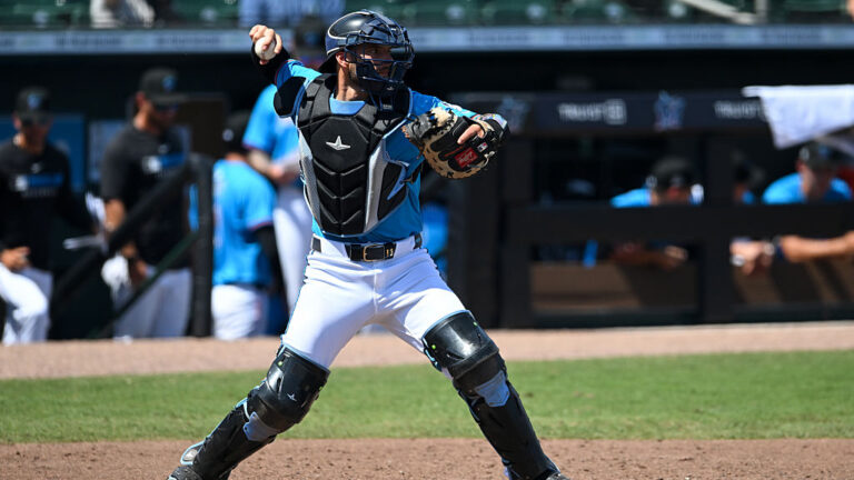 JUPITER, FLORIDA - MARCH 14, 2025: Joe Mack #30 of the Miami Marlins warms up during the seventh inning of a spring training Spring Breakout game against the St. Louis Cardinals at Roger Dean Chevrolet Stadium on March 14, 2025 in Jupiter, Florida. (Photo by Nick Cammett/Diamond Images via Getty Images)