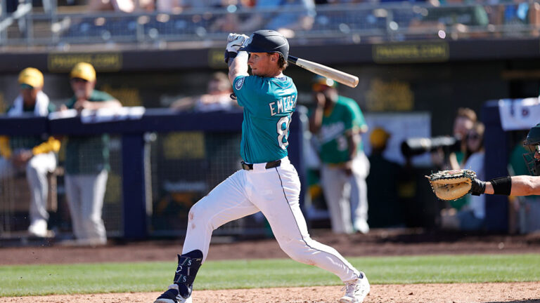 PEORIA, AZ - FEBRUARY 26: Colt Emerson #85 of the Seattle Mariners bats during a spring training game against the Athletics at Peoria Stadium on February 26, 2025 in Peoria, Arizona. (Photo by Michael Zagaris/Athletics/Getty Images)