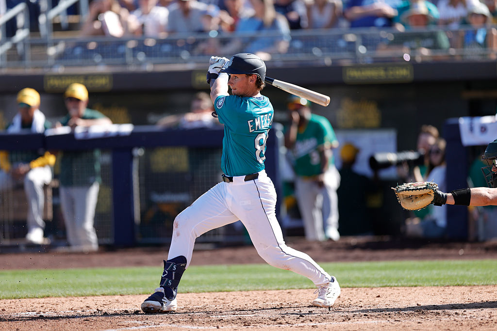 PEORIA, AZ - FEBRUARY 26: Colt Emerson #85 of the Seattle Mariners bats during a spring training game against the Athletics at Peoria Stadium on February 26, 2025 in Peoria, Arizona. (Photo by Michael Zagaris/Athletics/Getty Images)