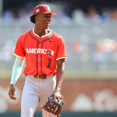 ATLANTA, GA - JULY 12: Sebastian Walcott #1 of the Texas Rangers looks on during the 2025 MLB All-Star Futures Game at Truist Park on Saturday, July 12, 2025 in Atlanta, Georgia. (Photo by Rob Tringali/MLB Photos via Getty Images)