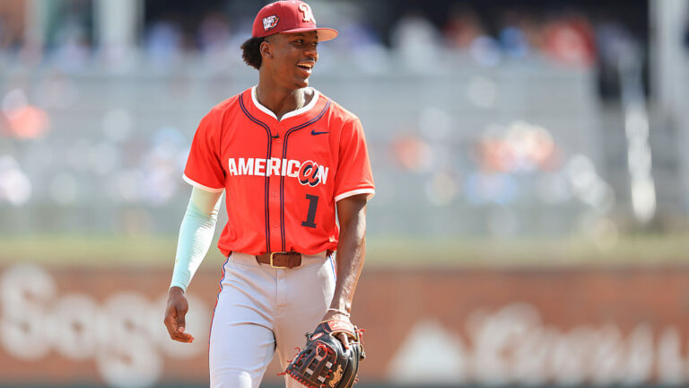 ATLANTA, GA - JULY 12: Sebastian Walcott #1 of the Texas Rangers looks on during the 2025 MLB All-Star Futures Game at Truist Park on Saturday, July 12, 2025 in Atlanta, Georgia. (Photo by Rob Tringali/MLB Photos via Getty Images)