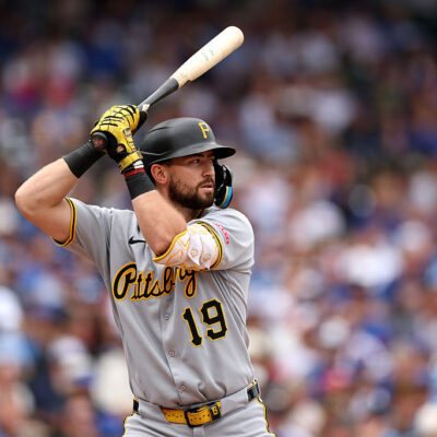CHICAGO, ILLINOIS - AUGUST 17: Jared Triolo #19 of the Pittsburgh Pirates in action against the Chicago Cubs at Wrigley Field on August 17, 2025 in Chicago, Illinois. (Photo by Luke Hales/Getty Images)
