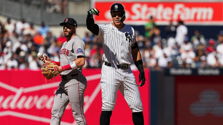 NEW YORK, NY - AUGUST 23: Aaron Judge #99 of the New York Yankees reacts after hitting a double in the eighth inning during the game between the Boston Red Sox and the New York Yankees at Yankee Stadium on Saturday, August 23, 2025 in New York, New York. (Photo by Evan Yu/MLB Photos via Getty Images)