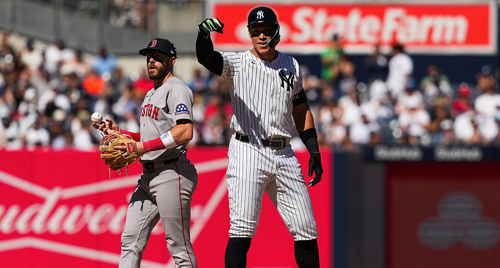 NEW YORK, NY - AUGUST 23:   Aaron Judge #99 of the New York Yankees reacts after hitting a double in the eighth inning during the game between the Boston Red Sox and the New York Yankees at Yankee Stadium on Saturday, August 23, 2025 in New York, New York. (Photo by Evan Yu/MLB Photos via Getty Images)