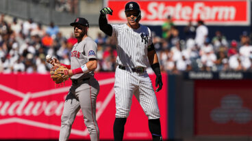NEW YORK, NY - AUGUST 23: Aaron Judge #99 of the New York Yankees reacts after hitting a double in the eighth inning during the game between the Boston Red Sox and the New York Yankees at Yankee Stadium on Saturday, August 23, 2025 in New York, New York. (Photo by Evan Yu/MLB Photos via Getty Images)