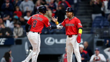 CLEVELAND, OH - AUGUST 30: Cleveland Guardians first baseman Kyle Manzardo (9) is congratulated at home plate by Cleveland Guardians third baseman Jose Ramirez (11) after hitting a 2-run home run during the sixth inning of the Major League Baseball game between the Seattle Mariners and Cleveland Guardians on August 30, 2025, at Progressive Field in Cleveland, OH. (Photo by Frank Jansky/Icon Sportswire via Getty Images)