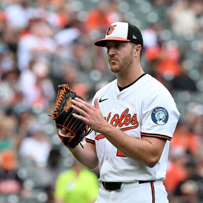 BALTIMORE, MARYLAND - AUGUST 24: Trevor Rogers #28 of the Baltimore Orioles celebrates during the game against the Houston Astros at Oriole Park at Camden Yards on August 24, 2025 in Baltimore, Maryland. (Photo by G Fiume/Getty Images)