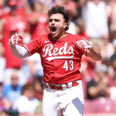 CINCINNATI, OHIO - SEPTEMBER 01: Sal Stewart #43 of the Cincinnati Reds celebrates after scoring in the second inning in his MLB debut against the Toronto Blue Jays at Great American Ball Park on September 01, 2025 in Cincinnati, Ohio. (Photo by Andy Lyons/Getty Images)