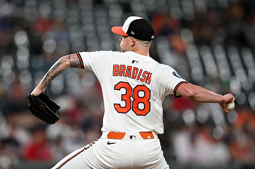 BALTIMORE, MARYLAND - AUGUST 26: Kyle Bradish #38 of the Baltimore Orioles pitches against the Boston Red Sox at Oriole Park at Camden Yards on August 26, 2025 in Baltimore, Maryland. (Photo by G Fiume/Getty Images)