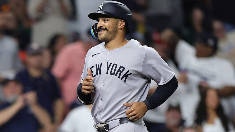 HOUSTON, TEXAS - SEPTEMBER 02: Trent Grisham #12 of the New York Yankees runs the bases after hitting a grand slam home run during the fifth inning against the Houston Astros at Daikin Park on September 02, 2025 in Houston, Texas. (Photo by Alex Slitz/Getty Images)
