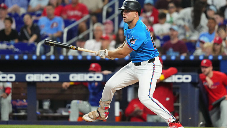 MIAMI, FL - SEPTEMBER 07: Jakob Marsee #87 of the Miami Marlins bats during the game between the Philadelphia Phillies and the Miami Marlins at loanDepot park on Sunday, September 7, 2025 in Miami, Florida. (Photo by Lucas Casel/MLB Photos via Getty Images)