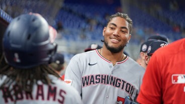 MIAMI, FL - SEPTEMBER 09: James Wood #29 of the Washington Nationals celebrates with teammates in the dugout during the game between the Washington Nationals and the Miami Marlins at loanDepot park on Tuesday, September 9, 2025 in Miami, Florida. (Photo by Alyssa Granda/MLB Photos via Getty Images)