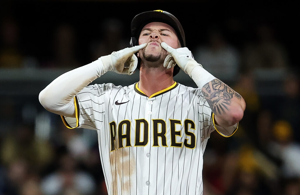 San Diego, California - September 09: Jackson Merrill #3 of the San Diego Padres celebrates after a double against the Cincinnati Reds during the seventh inning at Petco Park on Tuesday, Sept. 9, 2025 in San Diego, California. (Meg McLaughlin / The San Diego Union-Tribune via Getty Images)