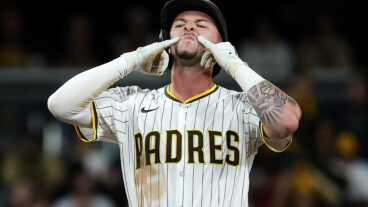 San Diego, California - September 09: Jackson Merrill #3 of the San Diego Padres celebrates after a double against the Cincinnati Reds during the seventh inning at Petco Park on Tuesday, Sept. 9, 2025 in San Diego, California. (Meg McLaughlin / The San Diego Union-Tribune via Getty Images)