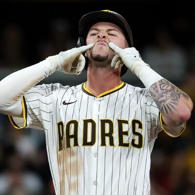 San Diego, California - September 09: Jackson Merrill #3 of the San Diego Padres celebrates after a double against the Cincinnati Reds during the seventh inning at Petco Park on Tuesday, Sept. 9, 2025 in San Diego, California. (Meg McLaughlin / The San Diego Union-Tribune via Getty Images)