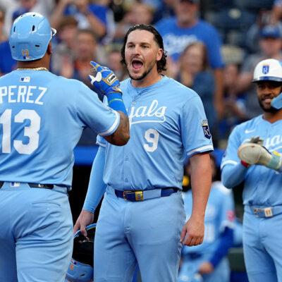 KANSAS CITY, MISSOURI - SEPTEMBER 06: Salvador Perez #13 of the Kansas City Royals celebrates his three-run home run with Vinnie Pasquantino #9 of the Kansas City Royals in the first inning against the Minnesota Twins at Kauffman Stadium on September 06, 2025 in Kansas City, Missouri. (Photo by Ed Zurga/Getty Images)