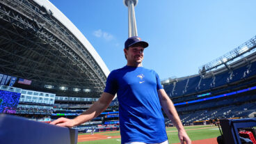TORONTO, CANADA - SEPTEMBER 14: Pitching prospect Trey Yesavage of the Toronto Blue Jays poses following speaking to the media after being called up to the Major Leagues before his team's MLB game against the Baltimore Orioles at the Rogers Centre on September 14, 2025 in Toronto, Ontario, Canada. (Photo by Mark Blinch/Getty Images)