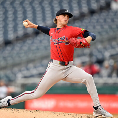 WASHINGTON, DC - SEPTEMBER 17: Hurston Waldrep #64 of the Atlanta Braves pitches in the first inning against the Washington Nationals at Nationals Park on September 17, 2025 in Washington, DC. (Photo by Greg Fiume/Getty Images)