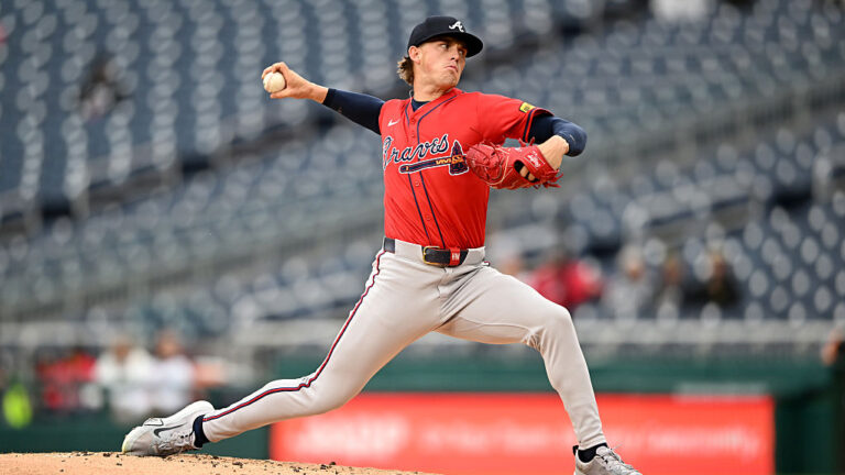 WASHINGTON, DC - SEPTEMBER 17: Hurston Waldrep #64 of the Atlanta Braves pitches in the first inning against the Washington Nationals at Nationals Park on September 17, 2025 in Washington, DC. (Photo by Greg Fiume/Getty Images)