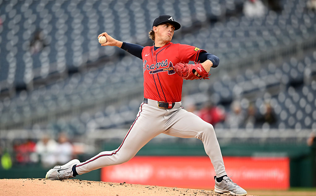 WASHINGTON, DC - SEPTEMBER 17: Hurston Waldrep #64 of the Atlanta Braves pitches in the first inning against the Washington Nationals at Nationals Park on September 17, 2025 in Washington, DC. (Photo by Greg Fiume/Getty Images)