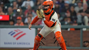 SAN FRANCISCO, CALIFORNIA - SEPTEMBER 22: Patrick Bailey #14 of the San Francisco Giants throws for an out at Oracle Park on September 22, 2025 in San Francisco, California. (Photo by Andy Kuno/San Francisco Giants/Getty Images)