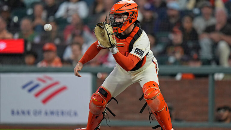 SAN FRANCISCO, CALIFORNIA - SEPTEMBER 22: Patrick Bailey #14 of the San Francisco Giants throws for an out at Oracle Park on September 22, 2025 in San Francisco, California. (Photo by Andy Kuno/San Francisco Giants/Getty Images)