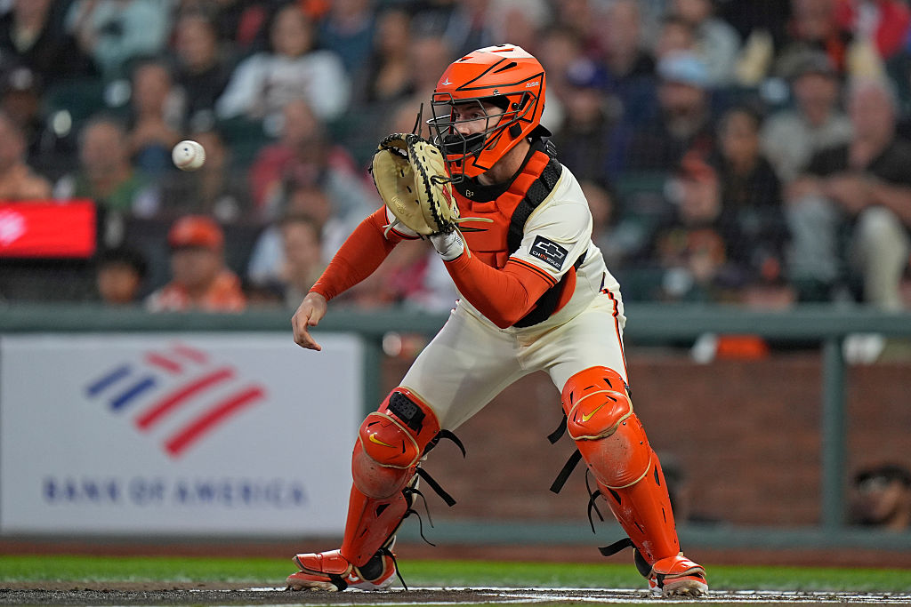 SAN FRANCISCO, CALIFORNIA - SEPTEMBER 22: Patrick Bailey #14 of the San Francisco Giants throws for an out at Oracle Park on September 22, 2025 in San Francisco, California. (Photo by Andy Kuno/San Francisco Giants/Getty Images)