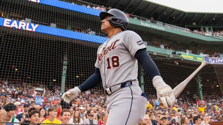 BOSTON, MA - SEPTEMBER 27: Jahmai Jones #18 of the Detroit Tigers prepares to bat during the game between the Detroit Tigers and the Boston Red Sox at Fenway Park on Saturday, September 27, 2025 in Boston, Massachusetts. (Photo by Natalie Reid/MLB Photos via Getty Images)