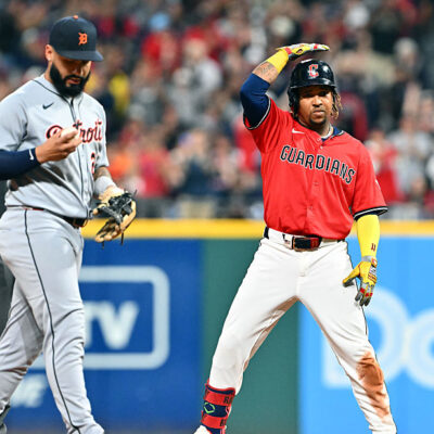 CLEVELAND, OHIO - SEPTEMBER 24: José Ramírez #11 of the Cleveland Guardians celebrates after hitting a double during the first inning against the Detroit Tigers at Progressive Field on September 24, 2025 in Cleveland, Ohio. (Photo by Jason Miller/Getty Images)