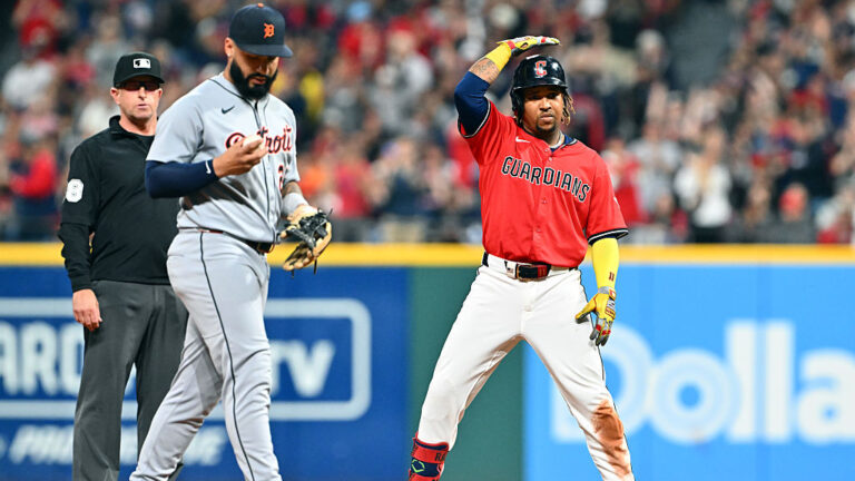 CLEVELAND, OHIO - SEPTEMBER 24: José Ramírez #11 of the Cleveland Guardians celebrates after hitting a double during the first inning against the Detroit Tigers at Progressive Field on September 24, 2025 in Cleveland, Ohio. (Photo by Jason Miller/Getty Images)