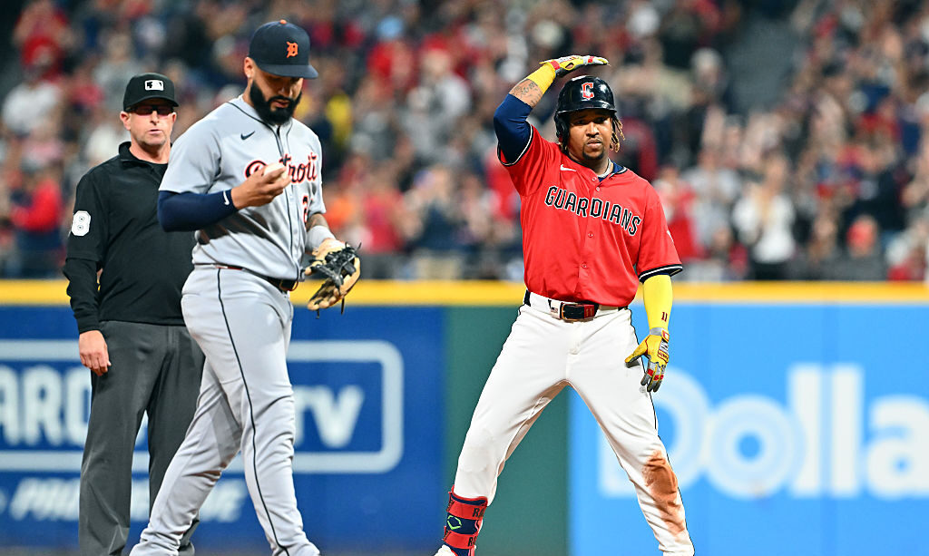 CLEVELAND, OHIO - SEPTEMBER 24: José Ramírez #11 of the Cleveland Guardians celebrates after hitting a double during the first inning against the Detroit Tigers at Progressive Field on September 24, 2025 in Cleveland, Ohio. (Photo by Jason Miller/Getty Images)
