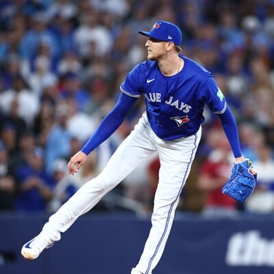 TORONTO, ON - AUGUST 27: Jeff Hoffman #23 of the Toronto Blue Jays pitches during a game against the Minnesota Twins at Rogers Centre on August 27, 2025 in Toronto, Ontario, Canada. (Photo by Vaughn Ridley/Getty Images)