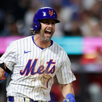 NEW YORK, NEW YORK - AUGUST 25: Jeff McNeil #1 of the New York Mets celebrates after a double hitter in the fourth inning against the Philadelphia Phillies at Citi Field on August 25, 2025 in New York City. (Photo by Kent J. Edwards/Getty Images)