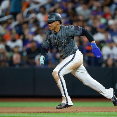NEW YORK, NEW YORK - JULY 22: Juan Soto #22 of the New York Mets runs to steal second base in the sixth inning during a game against the Los Angeles Angels at Citi Field on July 22, 2025 in New York City. (Photo by Brandon Sloter/Getty Images)