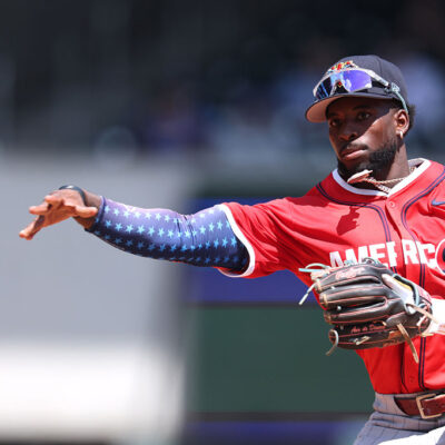 ATLANTA, GEORGIA - JULY 12: Kaelen Culpepper #5 of the Minnesota Twins warms up ahead of the 2025 All-Star Futures Game at Truist Park on July 12, 2025 in Atlanta, Georgia. (Photo by Jamie Squire/Getty Images)