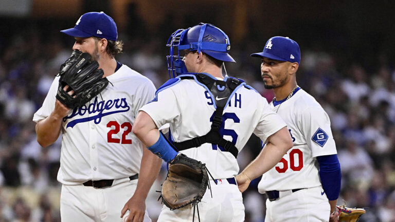 Los Angeles, CA - August 08: Starting pitcher Clayton Kershaw #22 of the Los Angeles Dodgers reacts with catcher Will Smith and Mookie Betts #50 after giving up three singles to load the bases against the Toronto Blue Jays in the second inning during a baseball game at Dodger Stadium in Los Angeles on Friday, August 8, 2025. (Photo by Keith Birmingham/MediaNews Group/Pasadena Star-News via Getty Images)