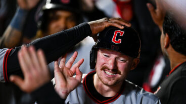 MINNEAPOLIS, MINNESOTA - SEPTEMBER 19: Kyle Manzardo #9 of the Cleveland Guardians celebrates after scoring a run against the Minnesota Twins in the eighth inning of the game at Target Field on September 19, 2025 in Minneapolis, Minnesota. (Photo by Stephen Maturen/Getty Images)