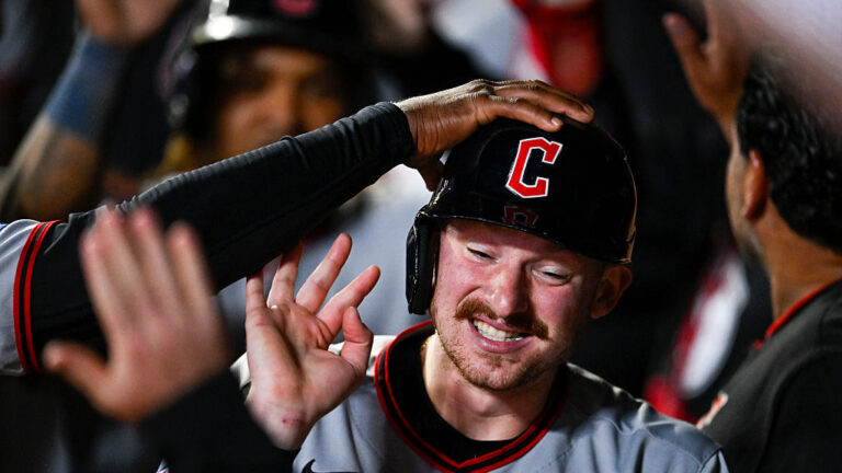 MINNEAPOLIS, MINNESOTA - SEPTEMBER 19: Kyle Manzardo #9 of the Cleveland Guardians celebrates after scoring a run against the Minnesota Twins in the eighth inning of the game at Target Field on September 19, 2025 in Minneapolis, Minnesota. (Photo by Stephen Maturen/Getty Images)