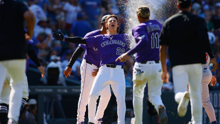 DENVER, CO - AUGUST 31: Mickey Moniak #22 of the Colorado Rockies celebrates after hitting a walk-off RBI double in the ninth inning against the Colorado Rockies at Coors Field on August 31, 2025 in Denver, Colorado. The Rockies defeated the Cubs 6-5. (Photo by Justin Edmonds/Getty Images)